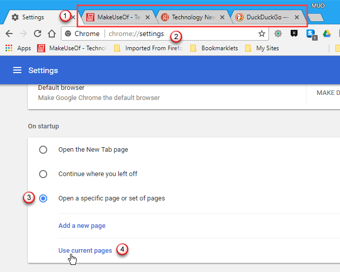 Нажмите Использовать текущие страницы в Chrome's settings