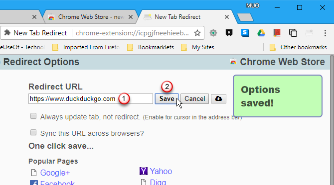 Введите URL-адрес в новой вкладке Параметры перенаправления в Chrome
