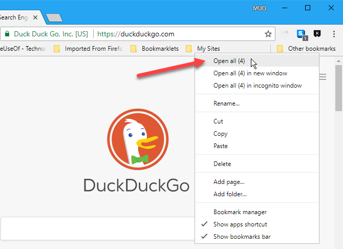 Выберите Открыть все в папке закладок в Chrome