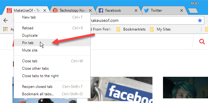 Выберите вкладку Pin в Chrome