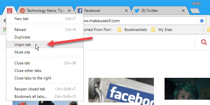 Выберите вкладку Unpin в Chrome