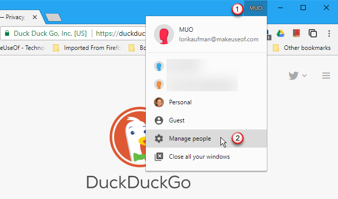 Выберите «Управление людьми» из кнопки «Профиль» в Chrome