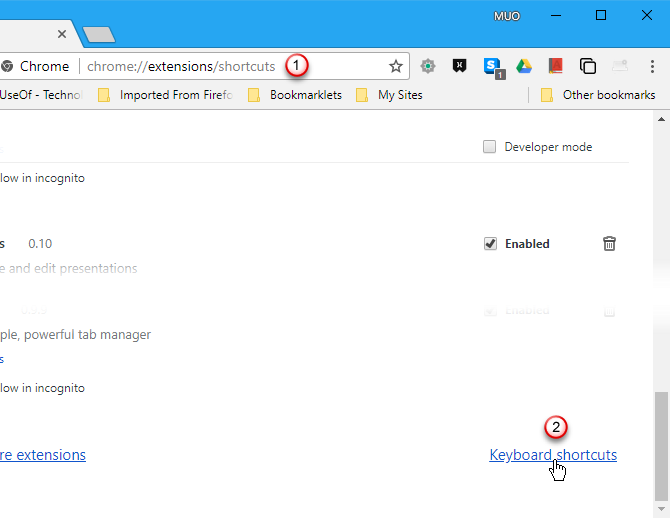 Нажмите Сочетания клавиш на странице Расширения в Chrome