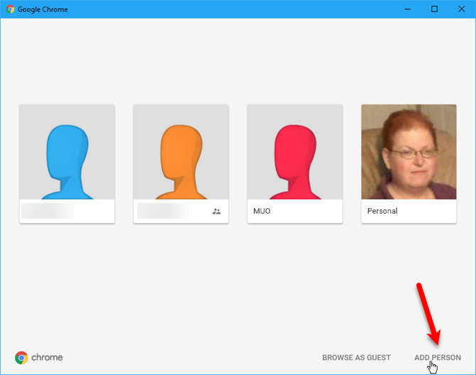 Нажмите «Добавить человека» в диалоговом окне «Профили» в Chrome.