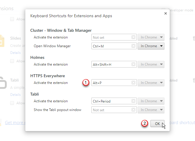 Расширение ярлык назначен в Chrome