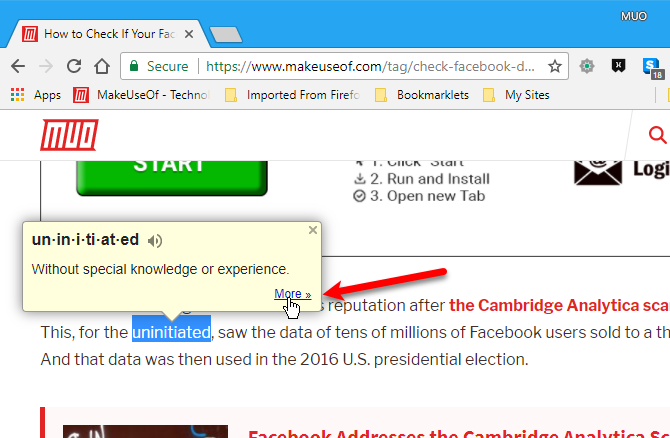 Всплывающее окно словаря Google