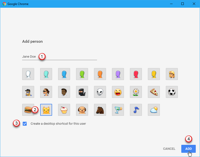 Диалоговое окно «Добавить человека» в Chrome