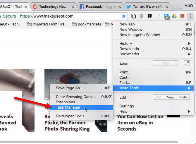 Откройте диспетчер задач из меню Chrome на Mac