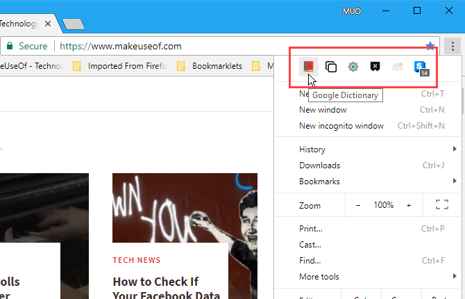 Кнопки расширения в меню Chrome