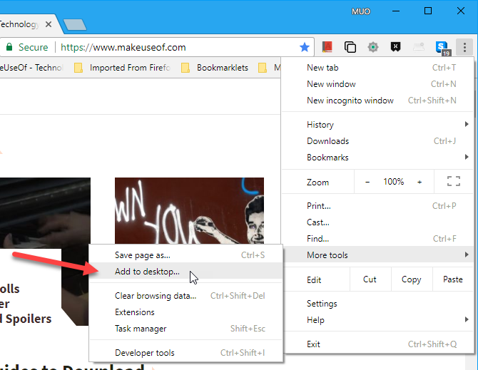 Выберите Добавить сайт на рабочий стол в меню Chrome