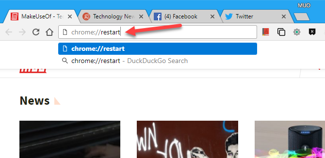 Перезапустите Chrome, используя адресную строку
