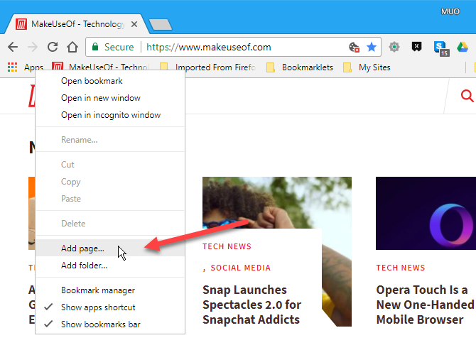 Выберите Добавить страницу на панели закладок в Chrome