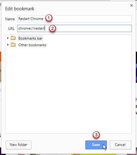 Диалоговое окно «Изменить закладку» в Chrome