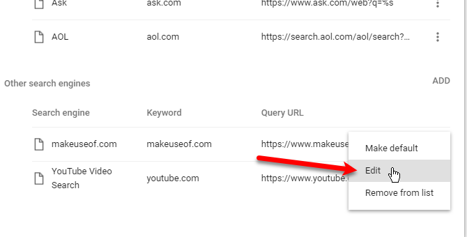 Выберите «Изменить» для поисковой системы в Chrome.