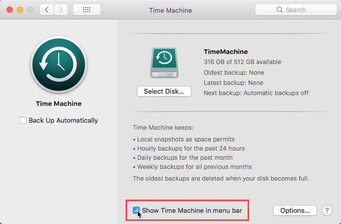 Показать Time Machine в строке меню Mac