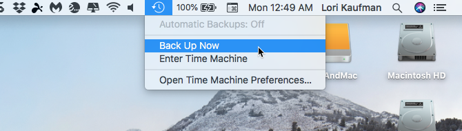Выберите Резервировать сейчас Машина времени Mac