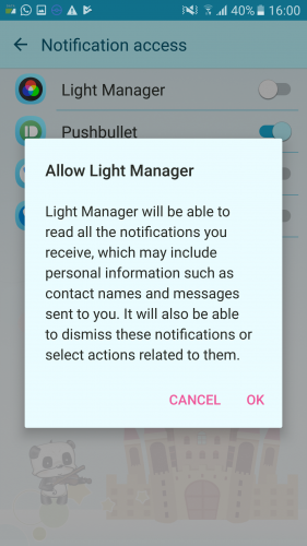 Свет менеджер разрешений Android уведомлений