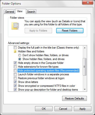 Параметры папки Windows