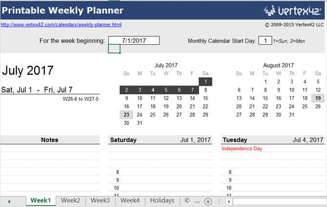 Excel недельный планировщик vertex42