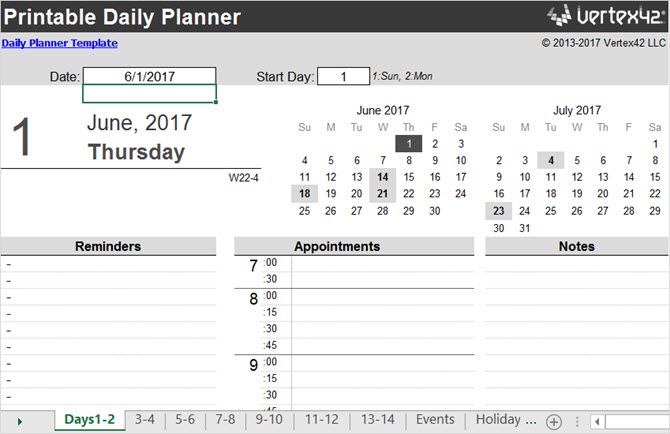 Excel ежедневник Vertex42