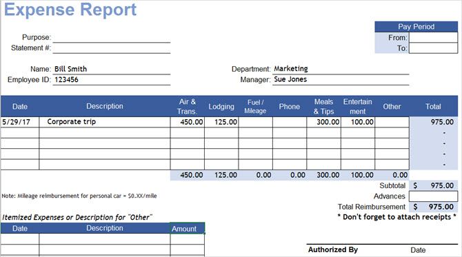 отчет о расходах Excel vertex42