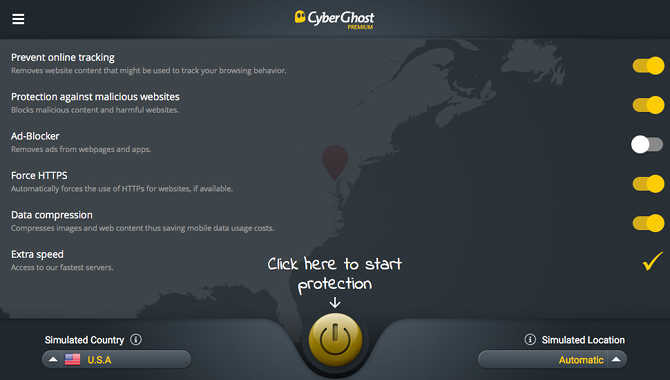 Cyberghost vs. tunnelbear - кнопка запуска CyberGhost проста в использовании