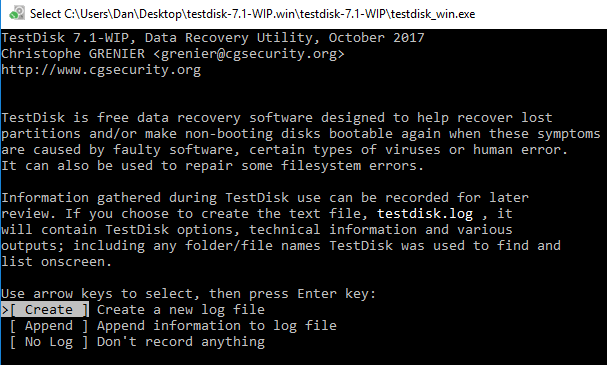 Утилита восстановления данных Windows TestDisk Экран Windows TestDisk