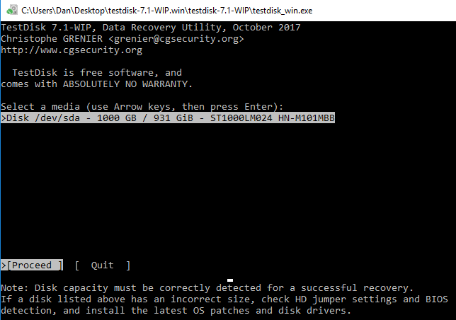 Утилита восстановления данных Windows TestDisk Экран Windows TestDisk