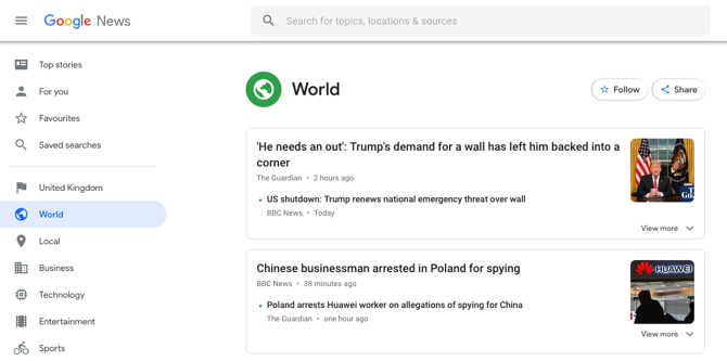 Скриншот Google News