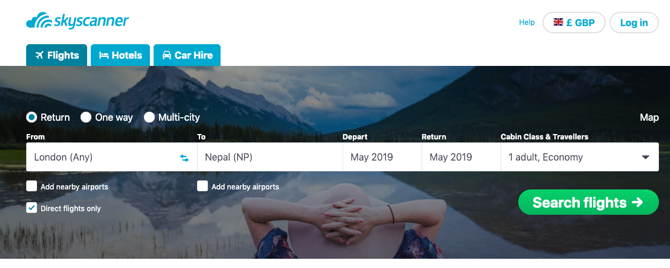 Домашняя страница SkyScanner