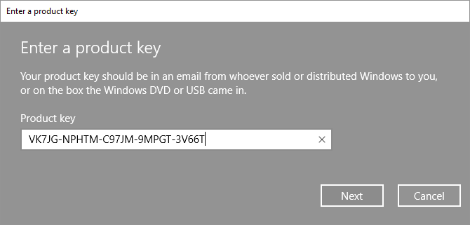 Введите ключ продукта Windows 10