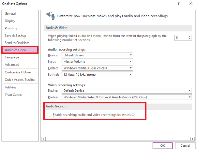 OneNote-поиск аудио