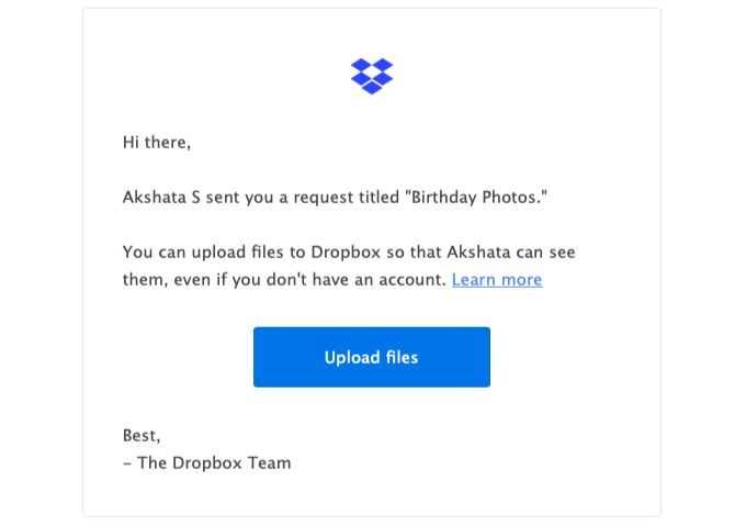 Письмо с запросом файла, отправленное пользователю Dropbox для загрузки файлов