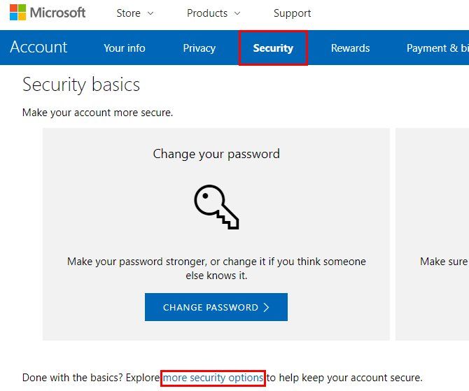 Вкладки параметров безопасности учетной записи Microsoft