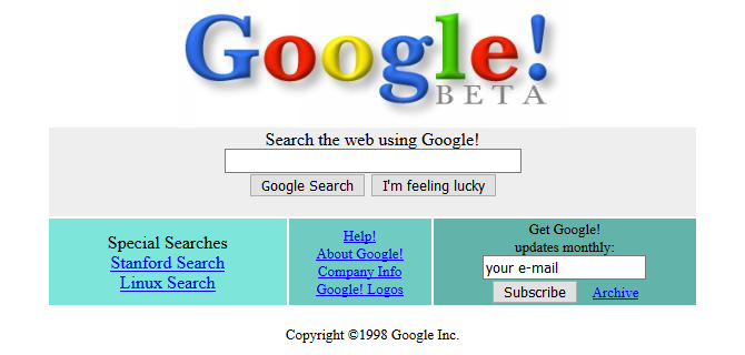 Снимок экрана Google в 1998 году
