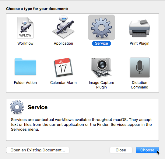 Выберите тип рабочего процесса Automator