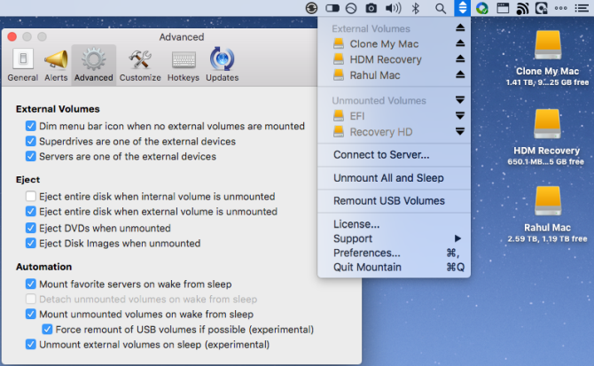 гора приложение монтировать внешние объемы в строке меню