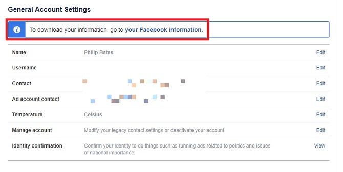 Общие настройки учетной записи Facebook позволяют загружать всю личную информацию