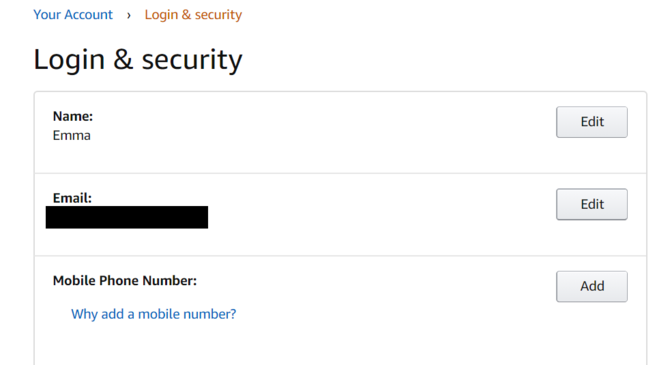 Настройки безопасности Amazon Удалить номер телефона