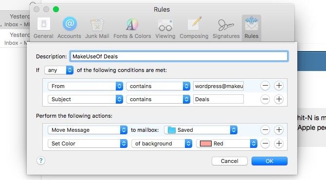 Mac Mail - правило почтового ящика