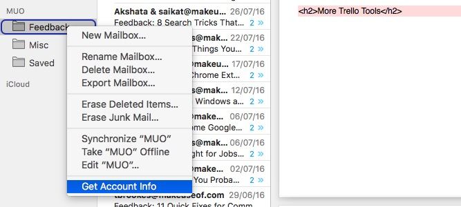 Mac Mail - Получить информацию об учетной записи