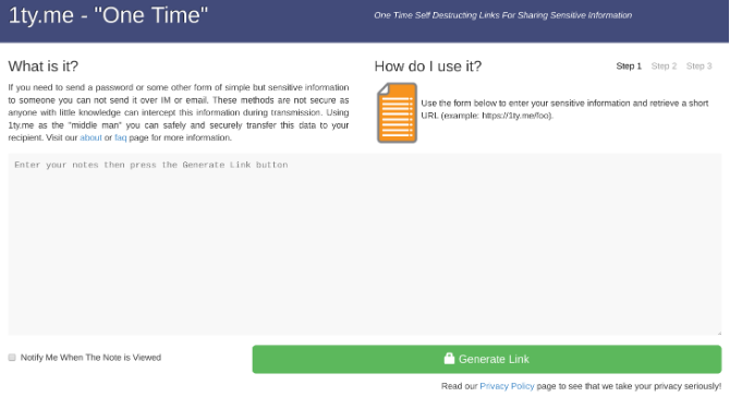 1ty.me - это безопасное приложение для отправки разовых прочитанных заметок и паролей.
