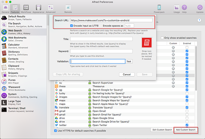 добавить пользовательский поиск в Альфред