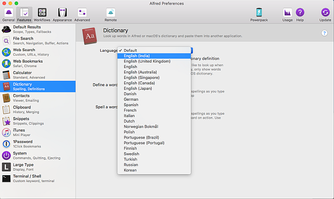 изменить словарь по умолчанию в Альфред