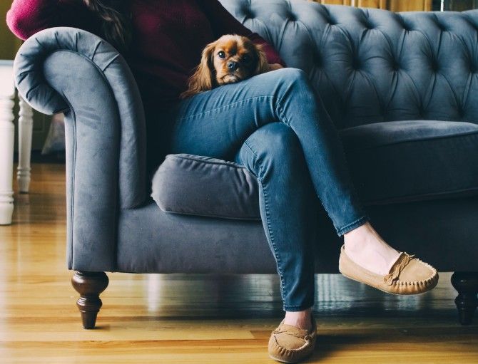 женщина и собака сидят на диване