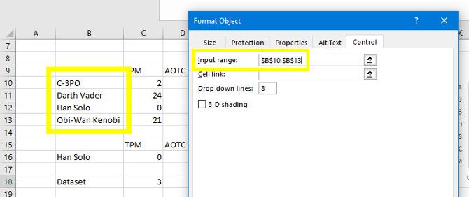 Диапазон ввода Excel