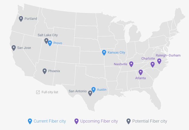 Карта текущих и будущих городов США с"Fiber to Home" from Google