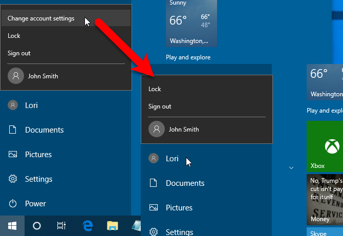 Параметр «Изменить настройки учетной записи» удален из меню «Пуск»'s user menu in Windows 10