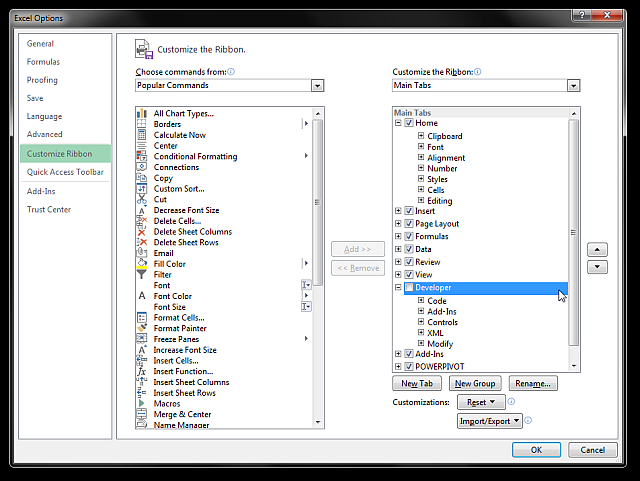 Excel_Options включить вкладку разработчика