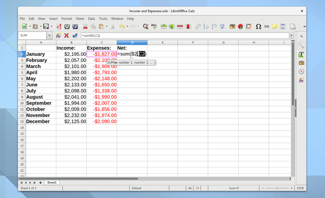 Скриншот приложения Linux Budge для LibreOffice Calc